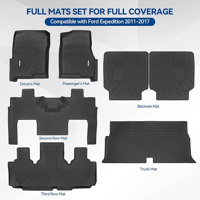 Custom Fit Floor Mats for Ford Expedition 2011-2017, All Weather TPE Floor Liners with Trunk Mat & Backrest Protectors, Odorless Full Set Interior Accessories