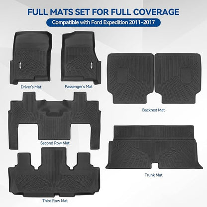 Custom Fit Floor Mats for Ford Expedition 2011-2017, All Weather TPE Floor Liners with Trunk Mat & Backrest Protectors, Odorless Full Set Interior Accessories