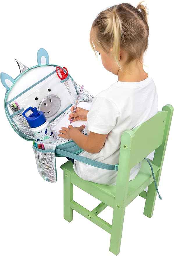 Lulyboo Unicorn Toddler Car Seat Tray & Backpack | Kids Travel Lap Desk with Writing Surface, Built-in Cup Holder, 8 Pockets, Tablet Holder, Waterproof & Portable for Car, Airplane, and On-the-Go