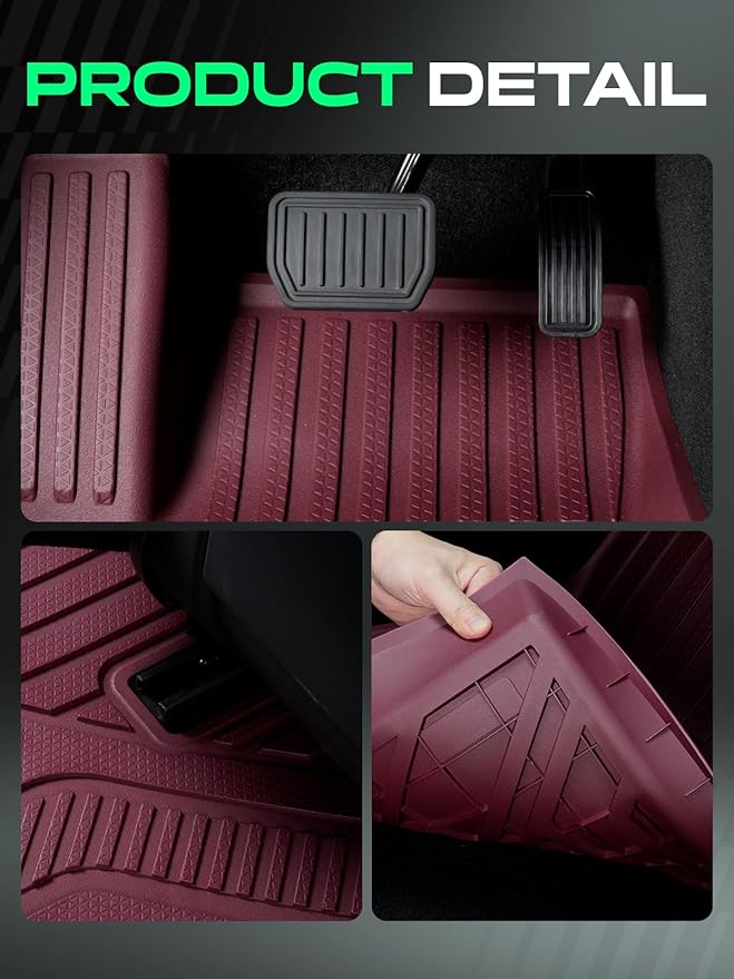 YHTAUTO Floor Mats Compatible with Tesla Model Y Juniper 2025 2026 5-Seat, TPE All Weather Car Mats Waterproof Anti-Slip Odorless 1st & 2nd Row Floor Liner, Set of 3, Red