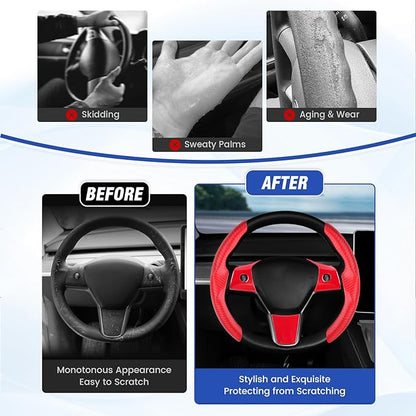 Steering Wheel Cover for Telsa Model 3/Model Y Accessories Carbon Fiber Steering Wheel Cover Protector Anti-Slip, Comfortable Grip, Breathable, Model 3/Y Accessories, Red 5PCS