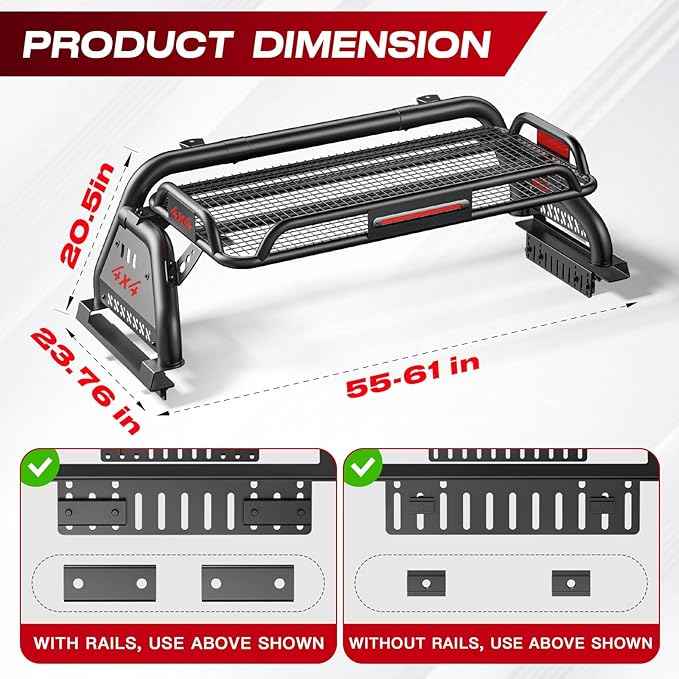 Roll Bar for Truck with Cargo Basket, Heavy Duty Chase Rack Fit for Mid-Size Pickups, Compatible with Tacoma, Colorado, Canyon, Ranger, Frontier, Gladiator, Universal Truck Bed Sport Bar Rack