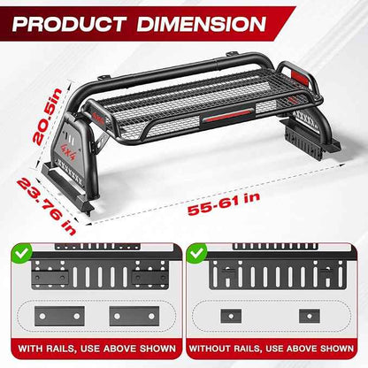 Roll Bar for Truck with Cargo Basket, Heavy Duty Chase Rack Fit for Mid-Size Pickups, Compatible with Tacoma, Colorado, Canyon, Ranger, Frontier, Gladiator, Universal Truck Bed Sport Bar Rack
