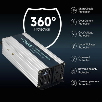 WZRELB 800W Pure Sine Wave Inverter 12V DC to 110V 120V AC Power Converter with LED Display, Off-Grid Portable Power Inverter with 2 AC Outlets for Home, RV, Truck, Camping