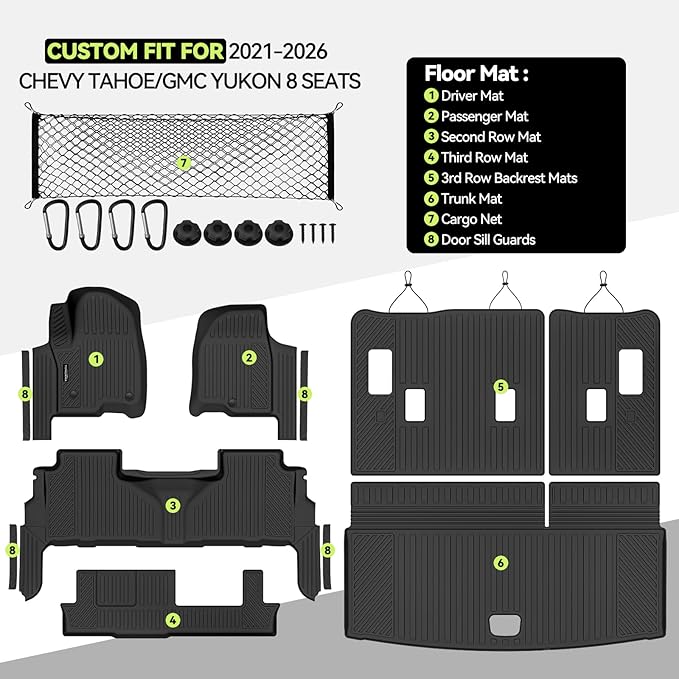 Tongama-Floor Mats for 2021-2025 2026 Chevy Tahoe/GMC Yukon 8 Seats with Bench Seats, All Weather TPE Trunk Mat & 3rd Row Backrest Mats & Cargo Net & Door Sill Guards for Tahoe Floor Liner Accessories