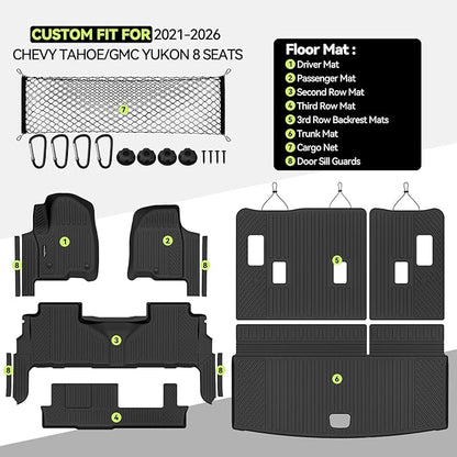 Tongama-Floor Mats for 2021-2025 2026 Chevy Tahoe/GMC Yukon 8 Seats with Bench Seats, All Weather TPE Trunk Mat & 3rd Row Backrest Mats & Cargo Net & Door Sill Guards for Tahoe Floor Liner Accessories
