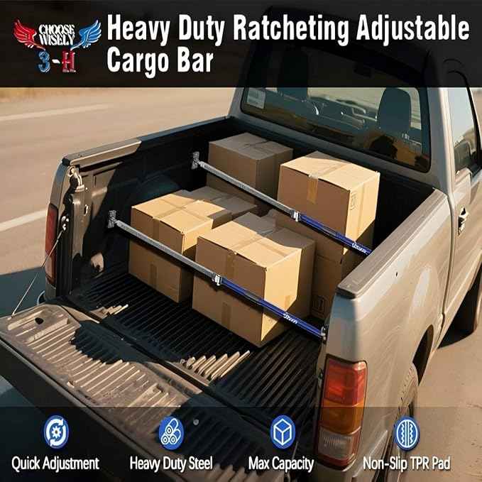 3-H Truck Cargo Bar, 43"-77" Adjustable Support Pole All Metal,Cabinet Jack,Truck Bed Divider with Self-Locking Spring Ratchet - Load Lock Bar for Vans, SUVs & Trucks,Dark Blue,2pc