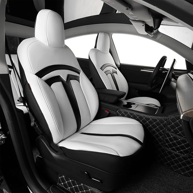 EKR Model Y Seat Covers for Tesla Model y 2020 2021 2022 2023 2024 2025 Long Range/Performance/Standard Range (Only for 5 Seats),Leather Car Seat Cover Full Set,Faux Leather (Black/White)