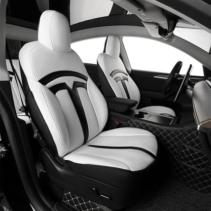 EKR Model Y Seat Covers for Tesla Model y 2020 2021 2022 2023 2024 2025 Long Range/Performance/Standard Range (Only for 5 Seats),Leather Car Seat Cover Full Set,Faux Leather (Black/White)