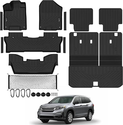 Tongama-Floor Mats for 2016-2022 Honda Pilot 7 Seats/Captain Seat(No Elite Models), All Weather TPE Trunk Mat with Backrest Mat & 2nd Row Backrest Mats & Cargo Net & Door Sill Guards Accessories