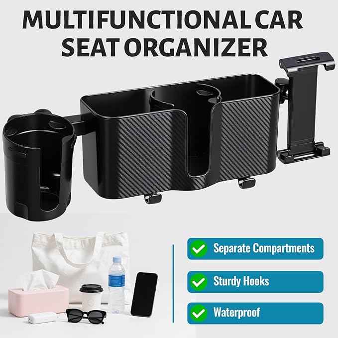 3-in-1 Car Back Seat Organizer Headrest Mount - Adjustable Storage Box with Cup Holder & Tablet Phone Holder for 5-13 Inch Devices, Fits Headrest Posts 0.6in Diameter & 4.2-5.7in Spacing
