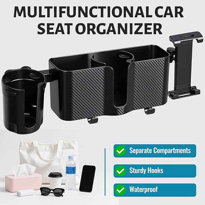 3-in-1 Car Back Seat Organizer Headrest Mount - Adjustable Storage Box with Cup Holder & Tablet Phone Holder for 5-13 Inch Devices, Fits Headrest Posts 0.6in Diameter & 4.2-5.7in Spacing