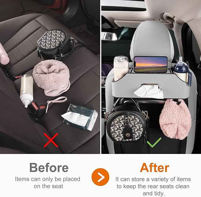 Car Rear Backseat Extra Multifunctional Drink Cup Holder Organizers with Tissue Storage Box Organizer & Hooks for Car Seat Back (Gray)