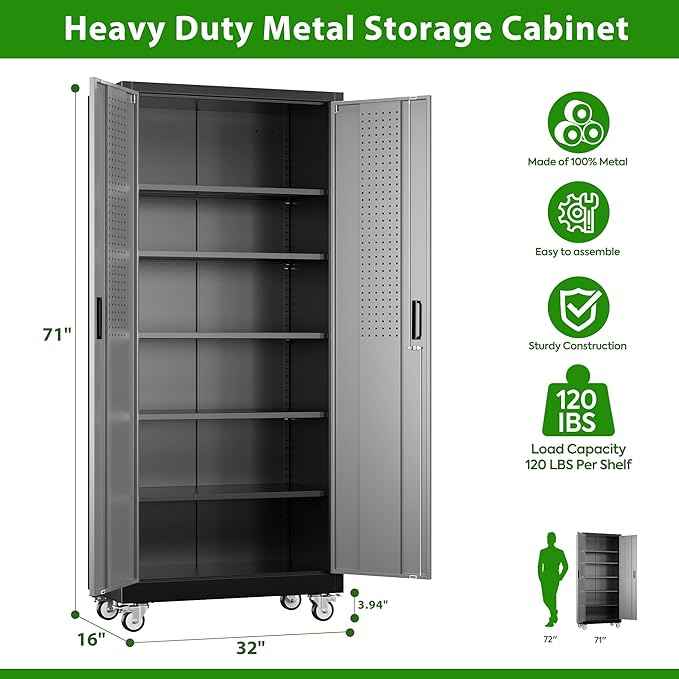 Aobabo Upgraded Garage Storage Cabinets with Wheels,Metal Storage Cabinets with 5 Adjustable Shelves for Garage Home Office Storage, Black&Dark Grey,71''H*32''W*16''D,Assembly Required