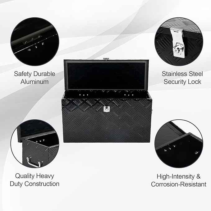 24 Inch Black Aluminum Tool Box 5 Bar Tread ToolBox for Truck Bed Car Outdoor Trailer Pickup Underbody RV ATV Storage Underbed Tools Organizer with Side Handle and Lock (24"X9.5"X12.5")