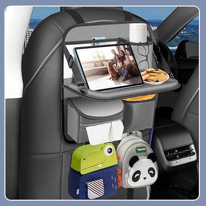 2 Pack Back Seat Car Organizer with Fold-Out Tray - Upgraded with Nappa Leather, Travel Tray for Kids, Foldable Car Desk, Includes Tissue Dispenser & Waterproof Pockets, Grey