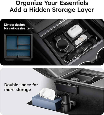 Wigoo Center Console Organizer for Tesla Model Y Juniper (Only Premium & Performance 2025 2026) and All Model 3 Highland Accessories [Double-Layer Storage, Smooth Sliding] 2PCS Black