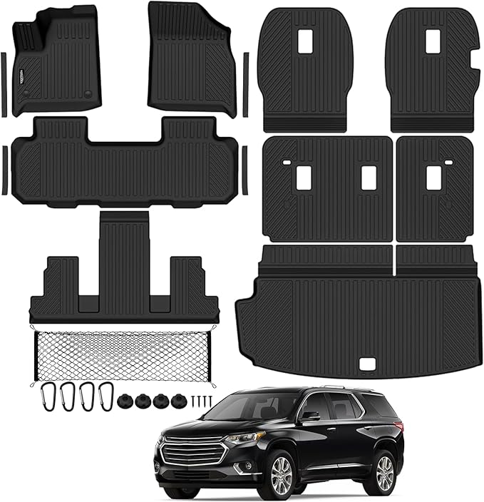 Tongama-Floor Mats for 2018-2023 Chevy Traverse 7 Seat with Bucket Seats, All Weather TPE Trunk Mat & 2nd/3rd Row Backrest Mats & Cargo Net & Door Sill Guards for Traverse Floor Liner Accessories