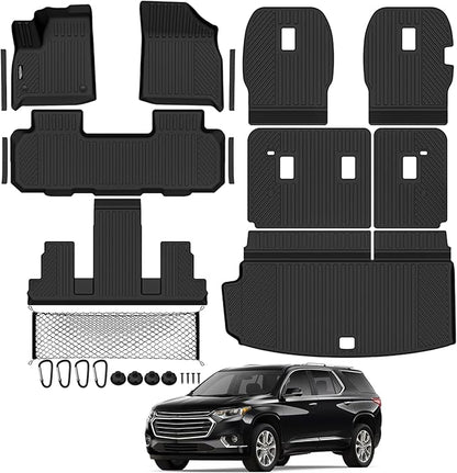 Tongama-Floor Mats for 2018-2023 Chevy Traverse 7 Seat with Bucket Seats, All Weather TPE Trunk Mat & 2nd/3rd Row Backrest Mats & Cargo Net & Door Sill Guards for Traverse Floor Liner Accessories