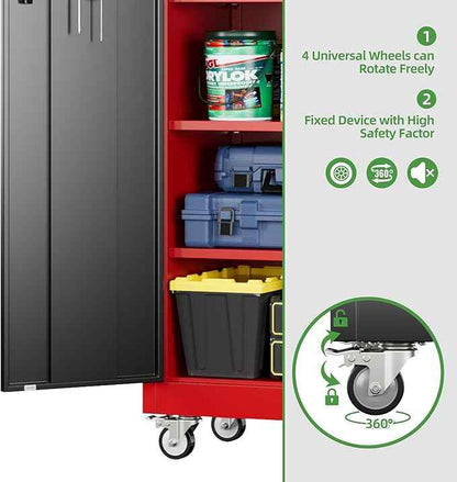 Aobabo Metal Garage Storage Cabinets with Wheels,Steel Cabinets with 5 Adjustable Shelves for Garage Home Office Storage, Red-Black,Assembly Required