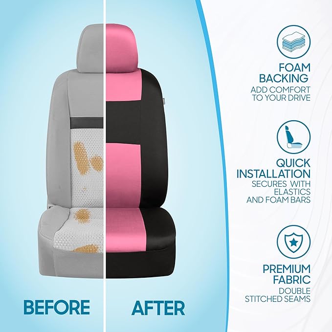 BDK PolyPro Pink Car Seat Covers Full Set with 4-Piece Car Floor Mats - Two-Tone Seat Covers for Cars with Carpet, Interior Covers for Auto Truck Van SUV