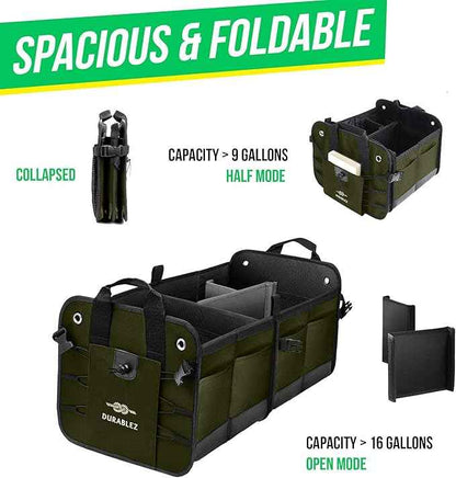 Heavy Duty Foldable Trunk Organizer 2-Section – Dual-Compartment Car Cargo Box with Non-Slip Pads & Removable Dividers – Green