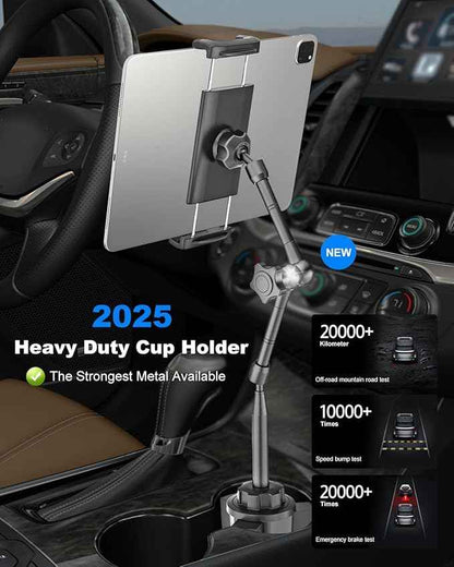 Heavy Duty Metal Cup Holder Tablet Car Mount, One-Touch Adjustment Magic Arm Cup Holder Tablet Mount for Cars, SUVs, Trucks, Compatible with iPad Pro Air Mini, iPhone, Z Fold, 4-13" Devices