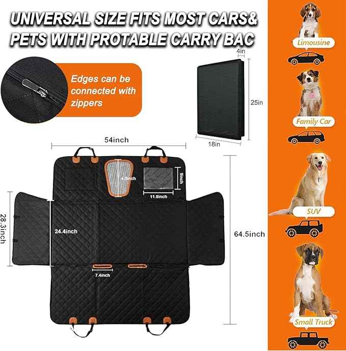Back Seat Extender for Dogs, Waterproof Large Dog Car Seat Cover with Hard Bottom, Anti-Scratch & Non-tearable 1680D Oxford Fabric, Dog Hammock with Mesh Window Pocket for Car&SUV(Black)