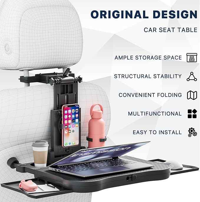 Car Back Seat Tray Table-Stable Auto Backseat Food Trays Desk for Rear Passenger Road Trip Eating & Work, Multifunctional Adjustable Travel Tray with Phone Drink Holder for Laptop iPad