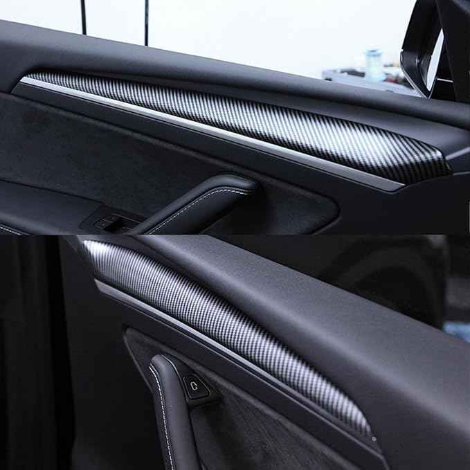 for Tesla Model Y (2019-2024) Model 3 (2021-2023) Dash Wrap Front Door Trim ABS Dashboard Cover Cap Interior Decoration Wrap Kit Compatible Whit Accessories 4Pcs(Matte Carbon Fiber Pattern)
