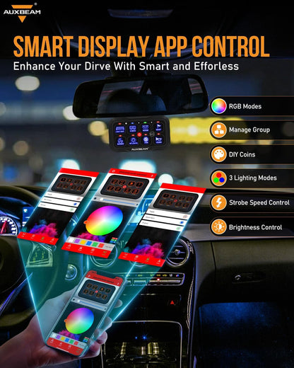 Auxbeam 8 Gang Switch Panel Bluetooth AR-800 RGB Switch Pod with Backlit Off Toggle Momentary Pulsed Auxiliary Switch Panel for Truck SUV ATV Marine RV Multifunction 12-24V Waterproof 2 Years Warranty