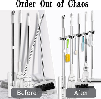 2 Pack Mop and Broom Holder Wall Mount, 5 Racks and 4 Hooks Broom Organizer Storage Tool Racks Stainless Steel Heavy Duty Hooks Self Adhesive Solid Non-slip for Home Kitchen Garden Laundry Garage