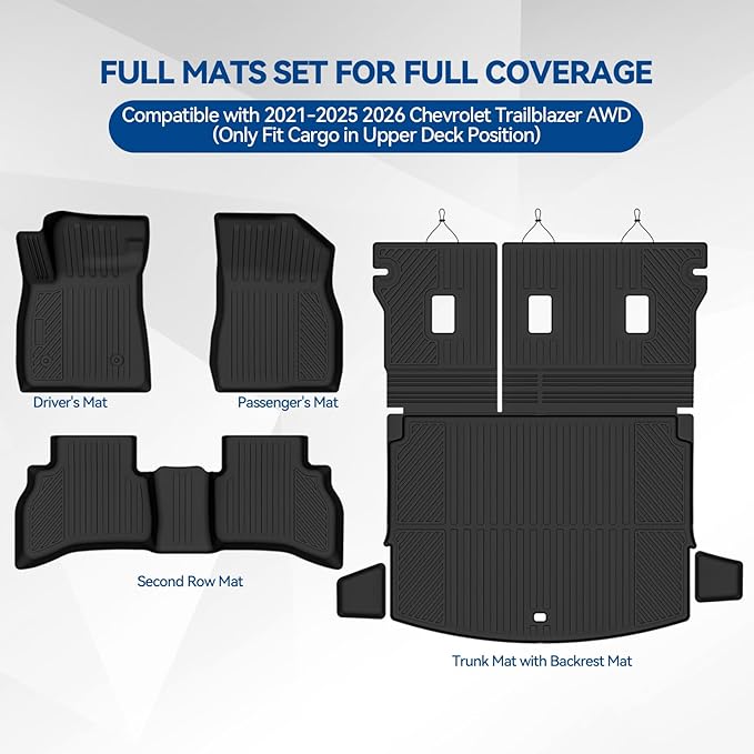 Custom Fit Floor Mats for 2021-2025 2026 Chevrolet Trailblazer AWD(Only Fit Cargo in Upper Deck Position), All Weather TPE Floor Liners with Trunk Mat & Backrest Protectors, Interior Accessories