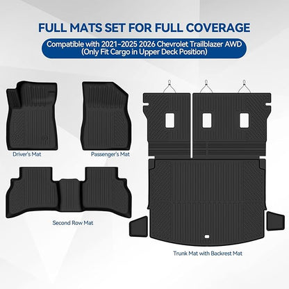 Custom Fit Floor Mats for 2021-2025 2026 Chevrolet Trailblazer AWD(Only Fit Cargo in Upper Deck Position), All Weather TPE Floor Liners with Trunk Mat & Backrest Protectors, Interior Accessories