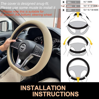 PINCTROT D Shaped Nappa Leather Steering Wheel Cover, Slim Fit No Bulk Design, One Piece Leather with Breathable Perforation, Fit Like Gloves, Flat Bottom 14.5-15 Inch(Nappa Light Taupe)