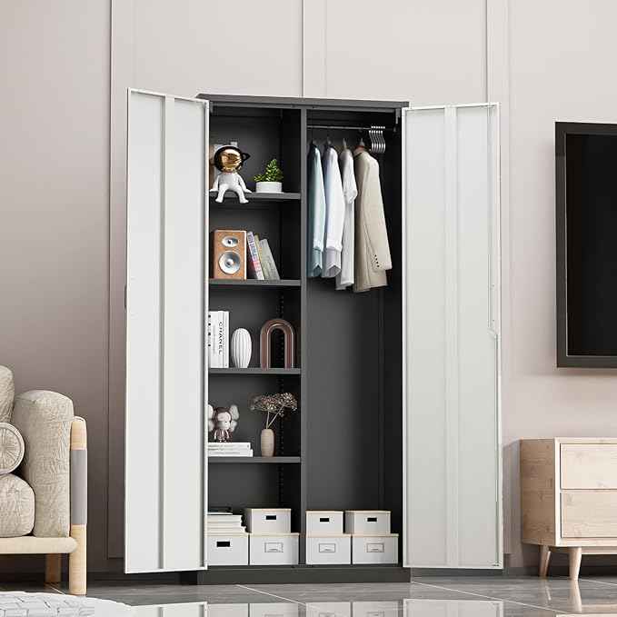 VINGLI Metal Storage Cabinet with Hanging Rod, 4 Adjustable Shelves, Lock Doors with Modern Gray Pattern Design, Armoire Wardrobe Closet Tool Functional Cabinet for Home, Office, Garage (Gray & Black)
