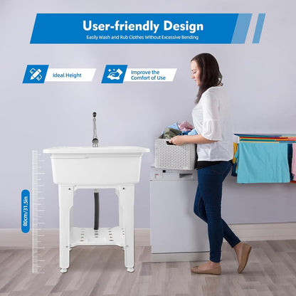Freestanding Utility Sink Plastic Laundry Sink Spacious Laundry Tub Sink with Storage Shelf Indoor Outdoor Slop Sink Wash Station for Bathroom Laundry Washing Room (White, 25.6*21.65*31.5in)