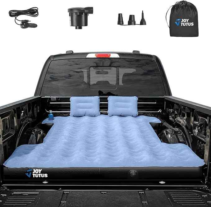 JOYTUTUS Truck Mattress for Camping, Air Bed with Inflatable Pillow for 5.5-5.8Ft, Full-Size Thicken Sleeping Pad with Cup Holder, Blow Up Bed for Car Truck Pickup F150, Grey Blue
