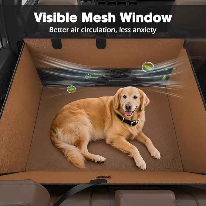 FURTIME XL Dog Car Seat, Upgraded PU Leather Back Seat Extender with Hard Bottom, Waterproof Pet Car Seat Cover for Large Medium Sized Dog, Pet Hammock for Cars, SUVs, Trucks, Brown