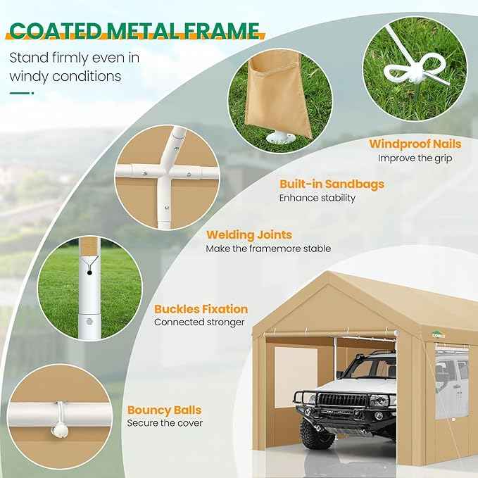 COBIZI 10x20 FT Heavy Duty Carport with Galvanized Frame, Carport Canopy with Roll-up Windows, Storage Tent with Removable Sidewalls & Doors, Built-in Sandbags for Car Boat Truck, Khaki