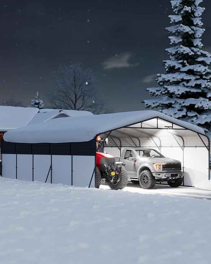 20x25FT Metal Carport Heavy-Duty Build with LED Light & Galvanized Steel Roof, Reinforced Stable Structure with Removable PE Sidewalls, Spacious Versatile Shelter for Cars, Boats, and Events
