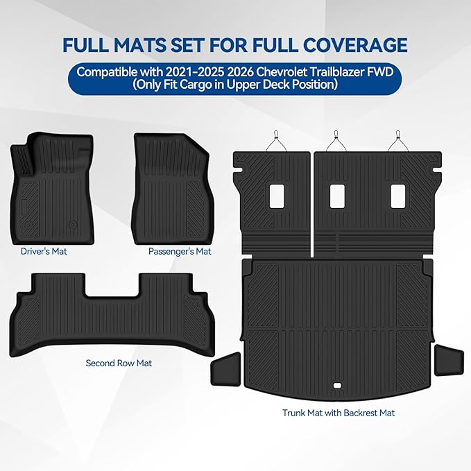 Custom Fit Floor Mats for 2021-2025 2026 Chevrolet Trailblazer FWD(Only Fit Cargo in Upper Deck Position), All Weather TPE Floor Liners with Trunk Mat & Backrest Protectors, Interior Accessories