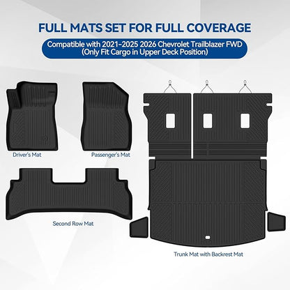 Custom Fit Floor Mats for 2021-2025 2026 Chevrolet Trailblazer FWD(Only Fit Cargo in Upper Deck Position), All Weather TPE Floor Liners with Trunk Mat & Backrest Protectors, Interior Accessories