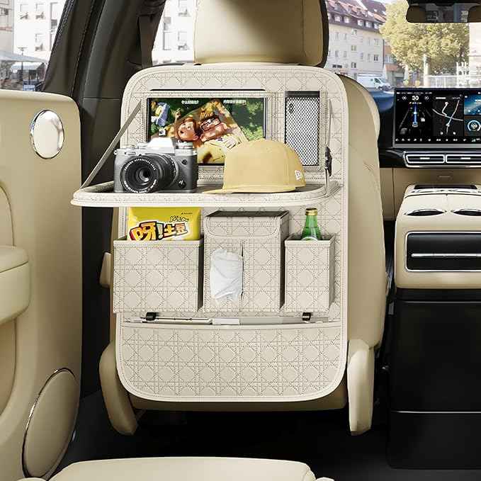 GMQ Backseat Car Organizer 1 Pack, Car Back Seat Organizers with Tray,Multifunctional Car Seat Back Organizer with Foldable Tablet Holder (Beige, 1 PC)