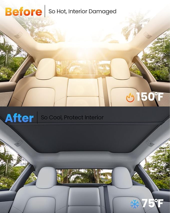 REEVAA 2025 Upgrade Tesla Model Y New (Juniper) Sunshade Roof [No Gaps, No-Sagging] Tesla Y Accessories Heat Insulation Foldable Glass Sunroof Cover for Model Y Juniper 2025-2026, 2PCS, Black