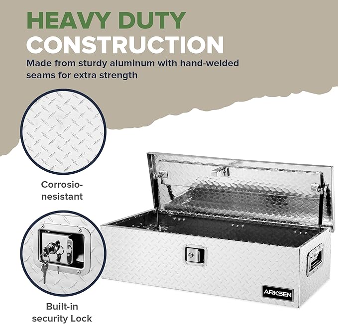 ARKSEN 39 x 13 x 10 Inch Diamond Plate Truck Bed Tool Box, Heavy Duty Waterproof Aluminum Toolboxes Storage Chest with Side Handle & Lock for Pickup Truck Bed, RV & Trailer – Silver
