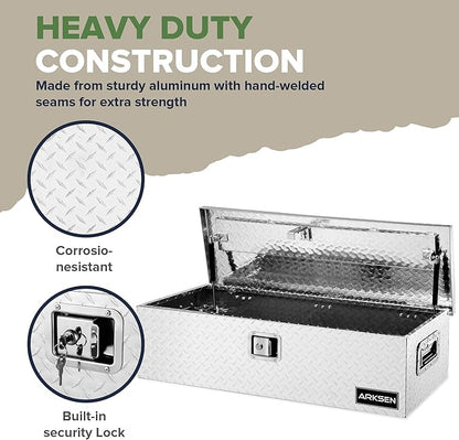 ARKSEN 39 x 13 x 10 Inch Diamond Plate Truck Bed Tool Box, Heavy Duty Waterproof Aluminum Toolboxes Storage Chest with Side Handle & Lock for Pickup Truck Bed, RV & Trailer – Silver
