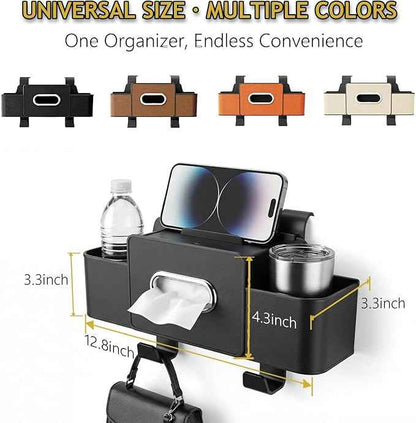 Backseat Car Organizer, 4 in 1 Multifunctional Car Back Seat Storage Organizer with Tissue Box, 2 Cup Holders, Phone Stand and Hooks, Automotive Seat Back Organizers (Brown)