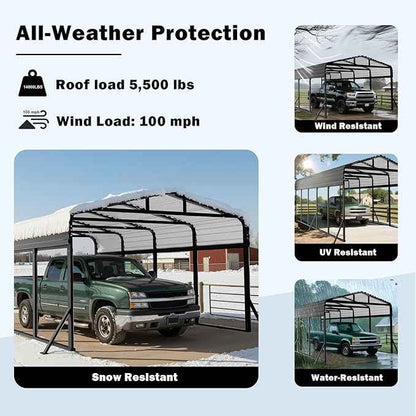 10x15FT Heavy Duty Metal Carport - Reinforced Galvanized Carport Canopy for All-Weather Shelter, Enhanced Wind Resistance for Boats, Cars, Trucks and Tractors