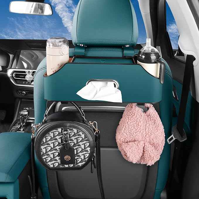 Car Seat Back Organizer - Stylish & Functional Storage for Family Adventures - Cup Holders, Tissue Box & Hooks - Perfect for Kids, Road Trips & Travel (Navy Blue)